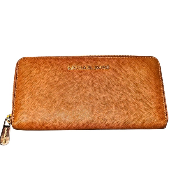 Michael Kors Handbags - Michael Kors Tan Leather Zip Around Long Wallet